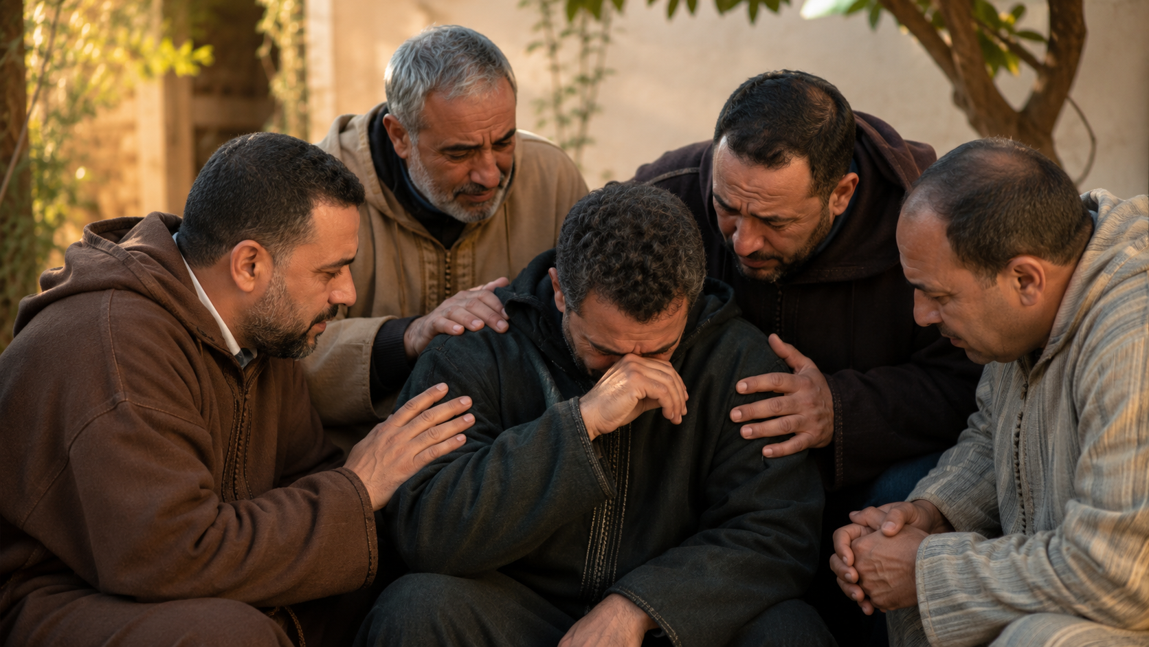 Des hommes solidaires qui réconfortent une personne en deuil